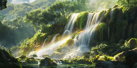 Serene Waterfall Surrounded by Lush Greenery

