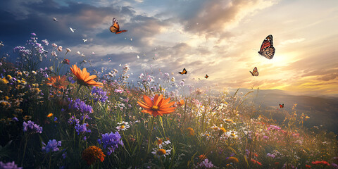 Graceful Butterflies Dancing Among Blooming Flowers in a Serene Valley

