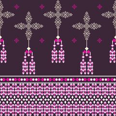 Pink geometric ethnic boho seamless pattern on a purple background. Tribal pattern. Folk motif. Textile rapport. Design for elaborate borders, textiles, and wallpaper.