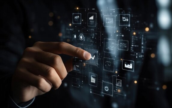 A hand interacts with a futuristic holographic interface showing various data points, charts, and a checkmark, signifying successful data processing or approval. : Generative AI