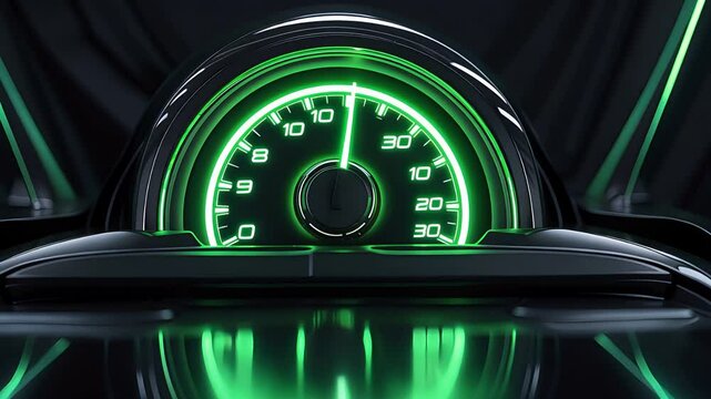 Close-up of a glowing green illuminated speedometer with sleek black dashboard details, showing high-performance futuristic vehicle design

 - Powered by Adobe