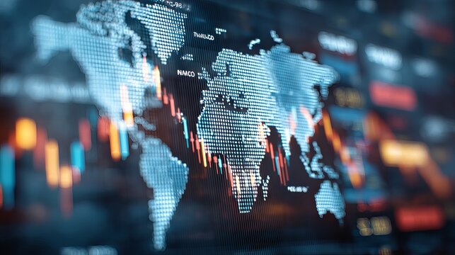 Double exposure of a global world map overlay on a financial stock market trading screen with charts and data visualization