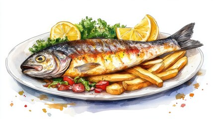 Hand-drawn illustration of grilled fish with french fries and lemon wedges.