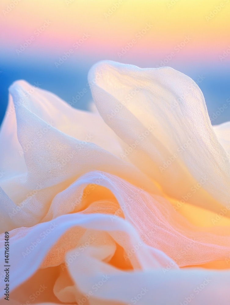 Poster Soft, flowing pastel fabric draped against a vibrant sunset backdrop, creating a serene and ethereal mood.  The delicate texture and gentle folds of the sheer material are highlighted  : Generative AI