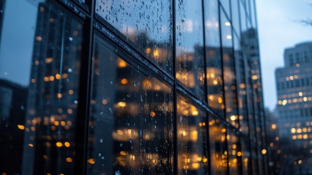 Rain-streaked window reflecting city lights at dusk, showcasing a modern cityscape with warm, blurred bokeh effects in the background. : Generative AI