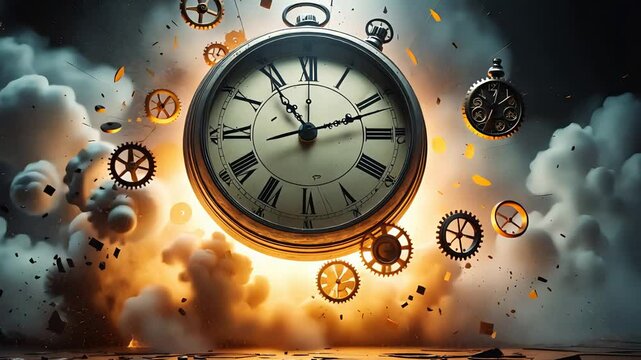 Vintage clock exploding into mechanical gears and smoke clouds with dynamic lighting and sparks in a dramatic steampunk-inspired scene

