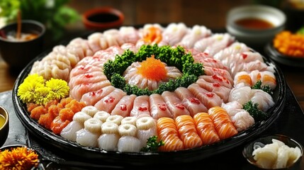 A large platter of assorted sashimi