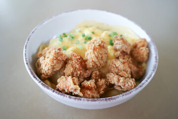 creamy omelet or omelet or omelette or fried egg with fried chicken or crispy chicken or chicken