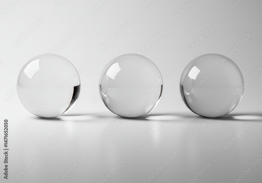 Aufkleber three transparent crystal balls aligned on a white surface casting soft shadows, creating a minimali