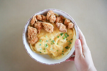 creamy omelet or omelet or omelette or fried egg with fried chicken or crispy chicken or chicken