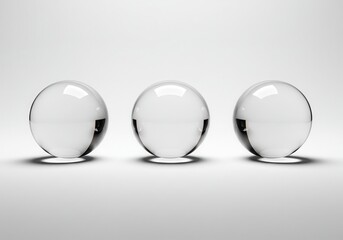 Three clear glass spheres aligned in a row on a white surface with subtle shadows