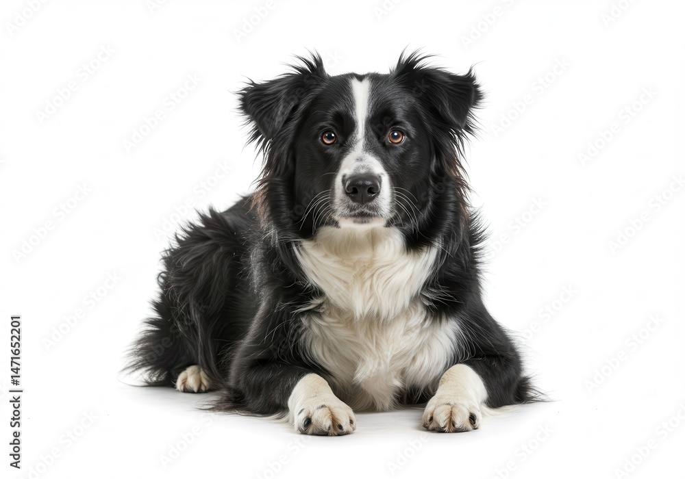 Poster border collie lying down and looking at the camera on a white background in a studio setting