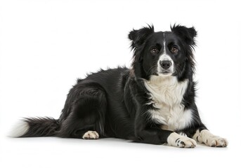 Attentive border collie lying down on a white background looking directly at the camera