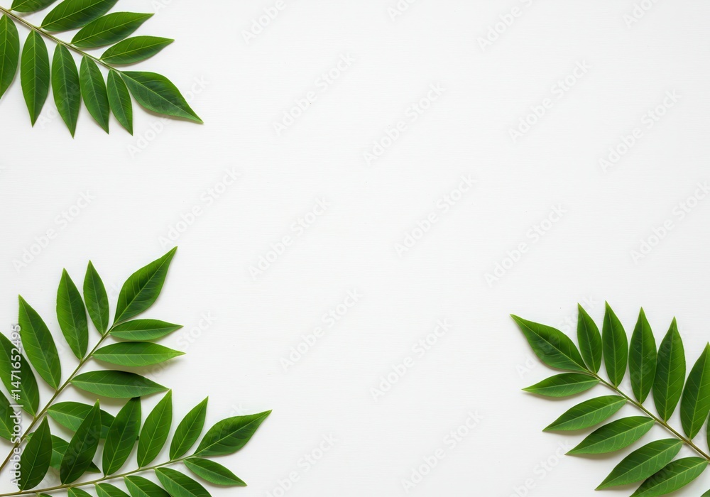 Poster green leaf sprigs in corners of a white background creating a frame with space for text or other des