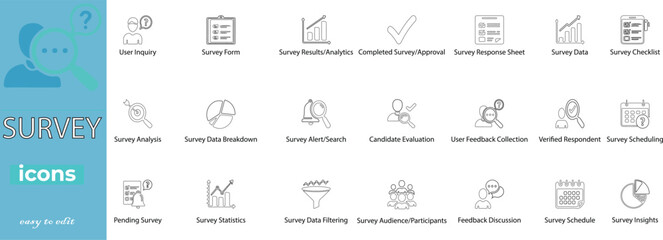 Minimal line style survey icons for feedback, polls, analytics, reports, and research. Ideal for web and presentations.
