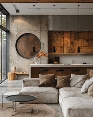 Contemporary cafe booth with round window and warm textures
