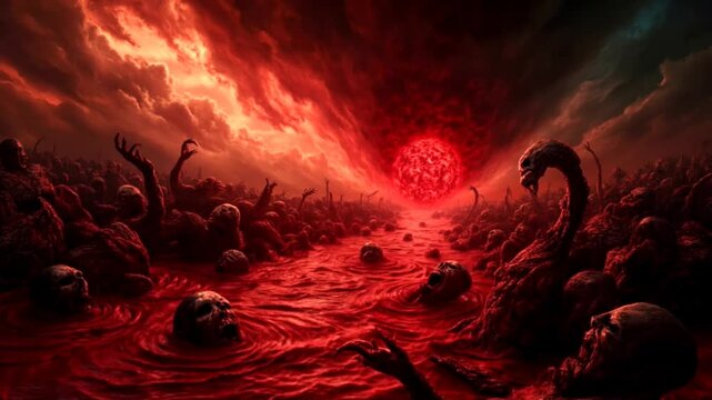 A terrible landscape. Horrible monsters in the twilight. Horror fantasy genre. Scary video clip for Halloween.