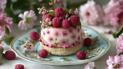 Raspberry Cake with Flower Decorations