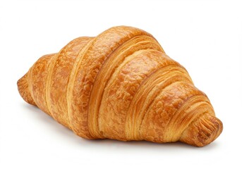 Golden brown croissant on a white background showing flaky layers and curved shape