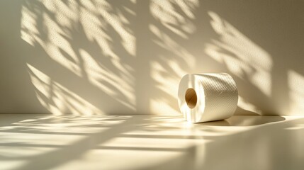 Obraz premium A roll of toilet paper bathed in sunlight casts soft shadows on a white surface