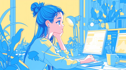 夜の部屋で、お気に入りのマグカップと一緒に自宅作業に集中する女性のイラスト。深夜の仕事・読書・創作活動など多用途に使える幻想的な雰囲気。