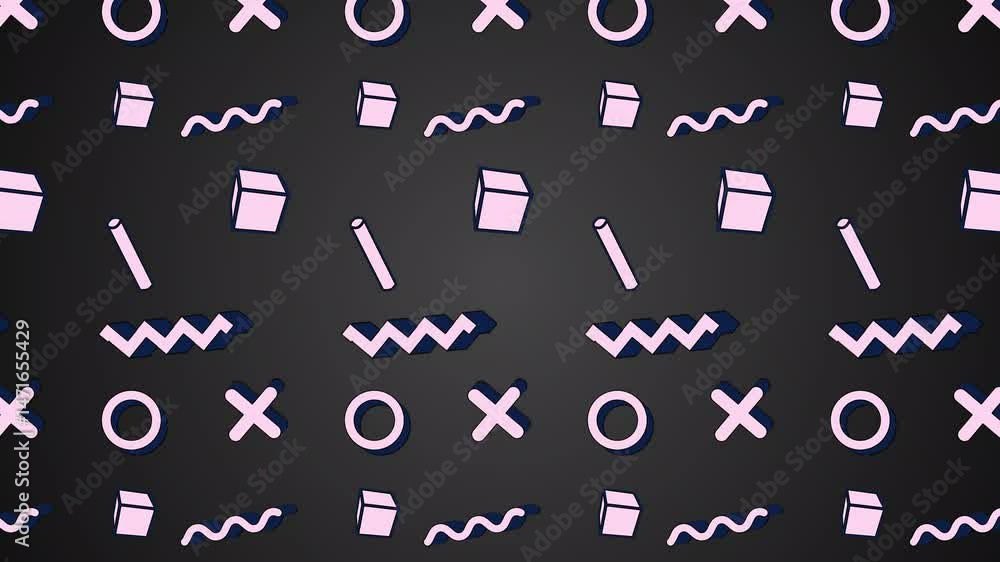 Poster seamless geometric pattern with cubes, circles, and lines on dark background