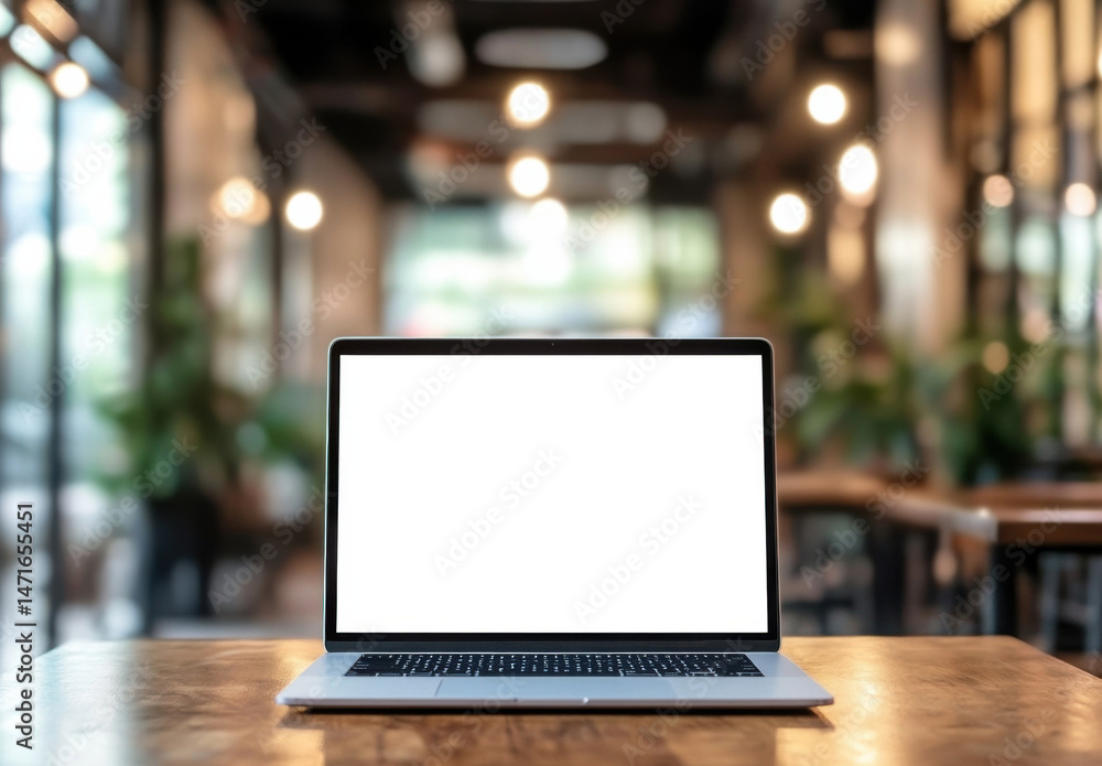 Aufkleber Modern laptop computer with blank screen sits on wooden table in a trendy cafe setting, showcasing a blurred background of warm lighting and plants. : Generative AI