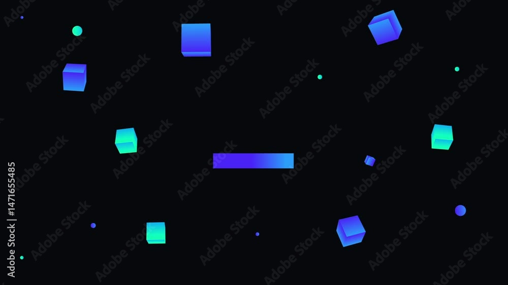 Poster floating geometric cubes with gradient on black background displaying motion