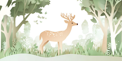 Paper Art Style Forest Landscape with Deer 