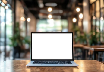 Modern laptop computer with blank screen sits on wooden table in a trendy cafe setting, showcasing a blurred background of warm lighting and plants. : Generative AI