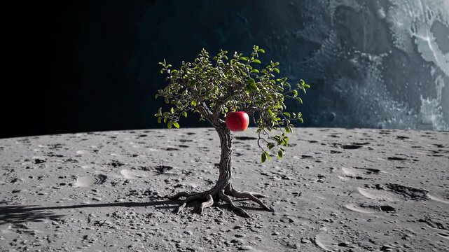 Barren lunar landscape hosting improbable apple tree growing against earthrise, symbolizing adaptation, hope, and potential for life beyond terrestrial boundaries