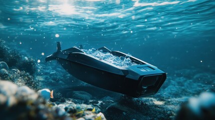Fototapeta premium Underwater drone navigating coral reef