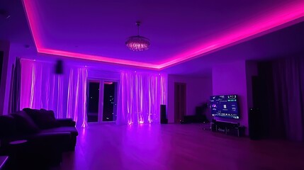 Colorful interior design with vibrant purple and pink lighting.