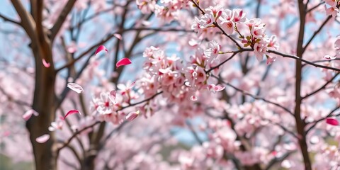 Soft pink cherry blossom petals drift on a spring breeze past blossoming trees, spring, vibrant