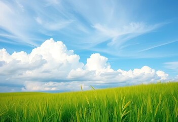 Obraz premium Soft watercolor wash of blue, grey, and white clouds above vibrant green grass, nature, foliage