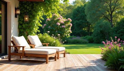 Obraz premium Relaxing patio furniture set on a sunny deck overlooking a lush garden , home decor, furniture set, wicker furniture