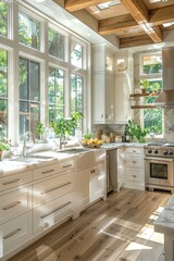 Bright rustic kitchen interior with wooden island and natural sunlight