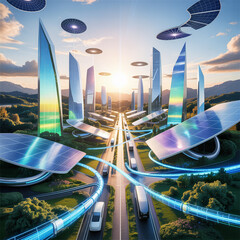 Solar-Powered Urban Landscape with Advanced Green Technology High-Tech Infrastructure Sustainable Smart City