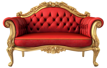 Luxury red and gold vintage sofa with ornate carved wood design isolated on white
