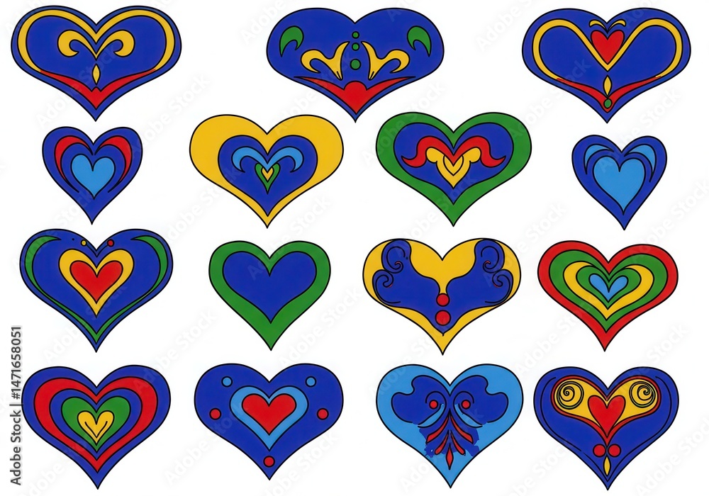 Poster collection of colorful decorative heart shapes with various patterns and designs on a white backgrou