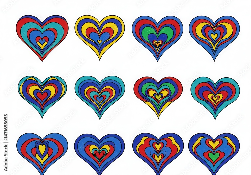 Poster twelve colorful concentric hearts arranged in a grid pattern on a white background