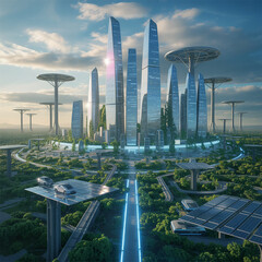 Futuristic Smart City Powered by Solar Panels Sustainable Urban Development Renewable High-Tech Architecture