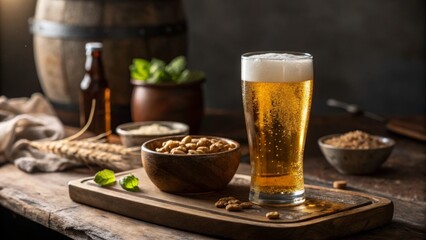 glass of beer on wooden table