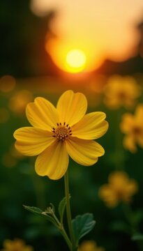 Sunset illuminates single, vibrant yellow Biscutella auriculata blossoms , flora, island, St Lucia
