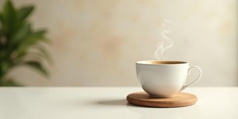 Fototapeta premium Aromatic Steam Rising from a White Mug of Coffee on a Wooden Coaster, Beside a Blurred Green Plant on a Table