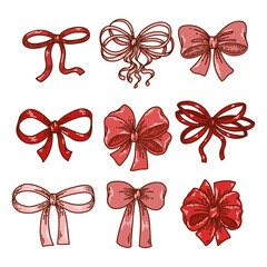 Set of Pink Bows, Vector Collection of Isolated Ribbon Bows on White Background