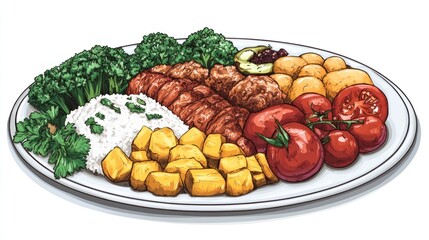 Colorful platter of mixed grilled meats, rice, vegetables
