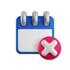 Vector cartoon 3d calendar error icon. Realistic render of spiral calendar with red cross cancel sign. Schedule conflict warning notice, work planning problem, event rejection concept, delete day task