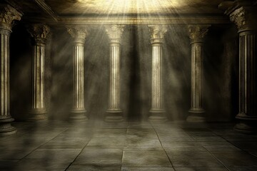 Sunlit ancient hall with stone pillars and hazy atmosphere