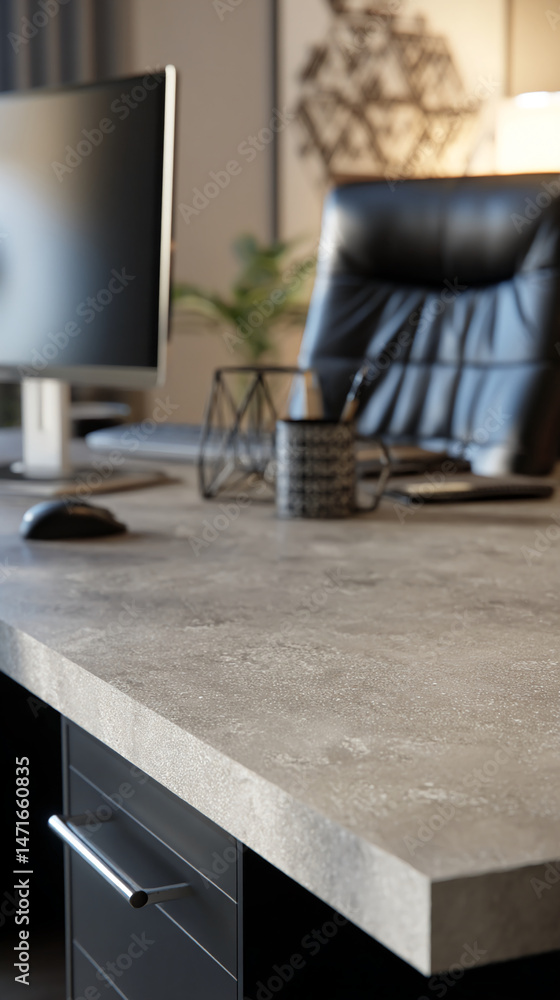 Poster Close-up of grey stone texture desk surface, showcasing subtle pattern and smooth finish, representing modern office workspace, ideal for design or business concepts